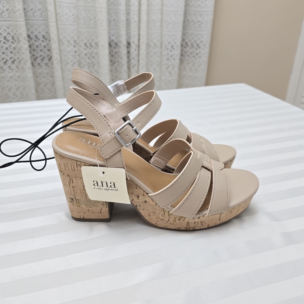 New Ana Cork Platform Block Heel Sandals Nude 9.5 Ankle Buckle Strap Boho Shoes - Picture 13 of 13